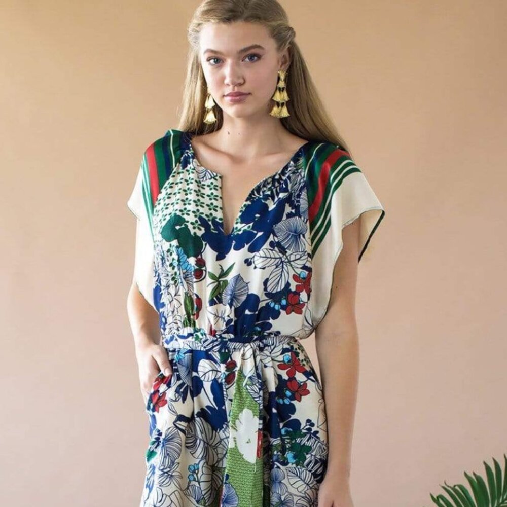 EVA FRANCO Navy & Cream wide leg jumpsuit CANDICE size 2 leaves stripes RT $206